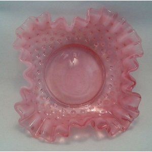 FENTON RUFFLED CRANBERRY & WHITE HOBNAIL DISH